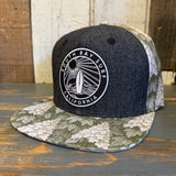 SOUTH BAY SURF CALIFORNIA (Black Patch) Snapback Trucker Hat - Black Denim / Oakleaf Hydrangea