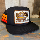 YOU'RE TRIPPIN' Side Stripe Snapback Trucker Hat - Black