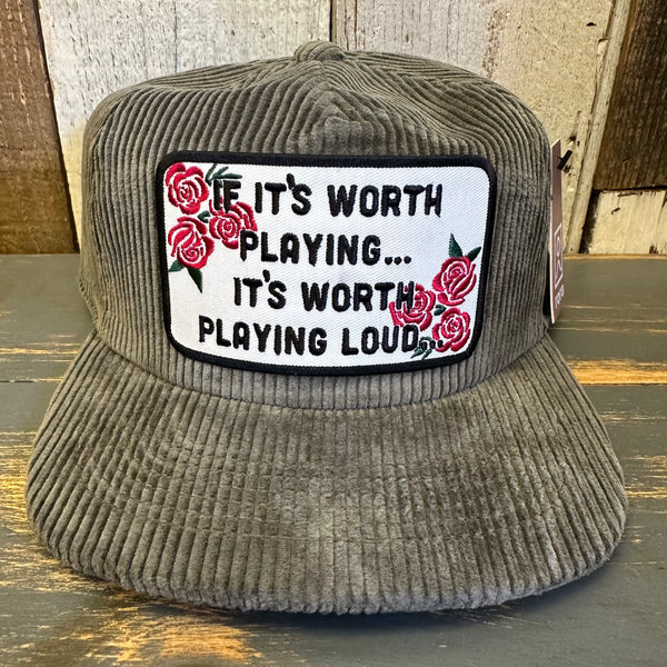 IF IT'S WORTH PLAYING...IT'S WORTH PLAYING LOUD Vintage Corduroy Hat - Olive Green