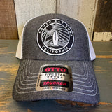 SOUTH BAY SURF CALIFORNIA (Black Patch) 6 Panel Low Profile Mesh Back Trucker Hat - Faded Black/White