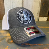 SOUTH BAY SURF CALIFORNIA (Black Patch) 6 Panel Low Profile Mesh Back Trucker Hat - Faded Black/White