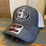SOUTH BAY SURF CALIFORNIA (Black Patch) 6 Panel Low Profile Mesh Back Trucker Hat - Faded Black/White