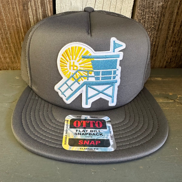 Hermosa Beach NORTH OF PIER LIFEGUARD TOWER Trucker Hat - Charcoal Grey (Flat Brim)