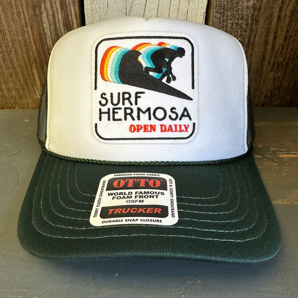SURF HERMOSA BEACH :: OPEN DAILY High Crown Trucker Hat - Dark Green/White