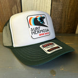 SURF HERMOSA BEACH :: OPEN DAILY High Crown Trucker Hat - Dark Green/White