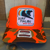 SURF MALIBU :: OPEN DAILY High Crown Trucker Hat - Neon Orange Hunters Camo/Camo Backing