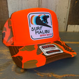 SURF MALIBU :: OPEN DAILY High Crown Trucker Hat - Neon Orange Hunters Camo/Camo Backing