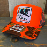 SURF MALIBU :: OPEN DAILY High Crown Trucker Hat - Neon Orange Hunters Camo/Camo Backing