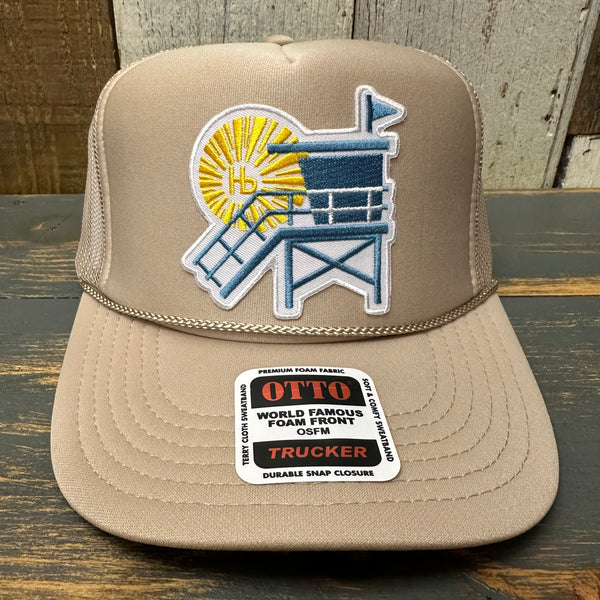 Hermosa Beach LIFEGUARD TOWER High Crown Trucker Hat (Khaki)