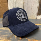 Navy corduroy mesh trucker hat with California patch on structured 6-panel front; casual surf style.