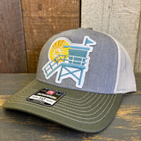 Hermosa Beach LIFEGUARD TOWER Five-Panel Trucker Cap - Heather Grey/Birch/Army Olive Green