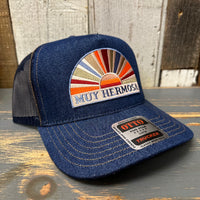 Hermosa Beach MUY HERMOSA Premium Denim Trucker Hat - Navy/Gold Stitching