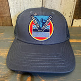 LET'S GET SERVED :: HERMOSA BEACH VOLLEYBALL 6-Panel Icon Trucker Hat - Petrol Blue