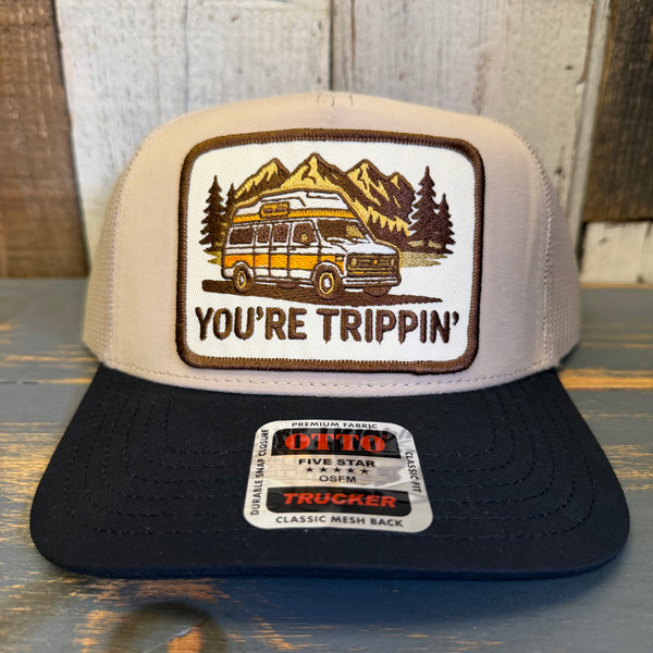 YOU'RE TRIPPIN' 5 Panel Mid Profile Trucker Hat - Khaki/Black