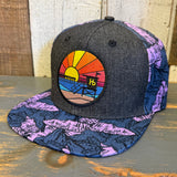 Hermosa Beach OBLIGATORY SUNSET Snapback Hat - Black Denim/Purple Conch