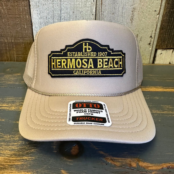 Hermosa Beach ARE YOU ESTABLISHED? High Crown Trucker Hat (Khaki)