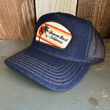 Hermosa Beach RETRO SUNSET Premium Denim Trucker Hat - Navy/Gold Stitching