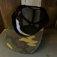 Hermosa Beach OBLIGATORY SUNSET 7 Panel Mid Profile Trucker Snapback Hat - Camo/Black
