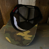 Hermosa Beach OBLIGATORY SUNSET 7 Panel Mid Profile Trucker Snapback Hat - Camo/Black
