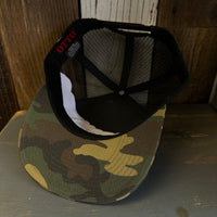 Hermosa Beach AS REAL AS THE STREETS 7 Panel Mid Profile Trucker Snapback Hat - Camo/Black
