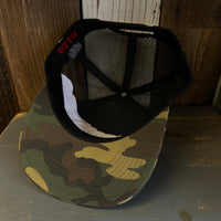 Hermosa Beach ARE YOU ESTABLISHED? 7 Panel Mid Profile Trucker Snapback Hat - Camo/Black