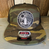 SOUTH BAY SURF (Navy Colored Patch) 7 Panel Mid Profile Trucker Snapback Hat - Camo/Black