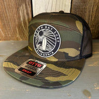 SOUTH BAY SURF (Navy Colored Patch) 7 Panel Mid Profile Trucker Snapback Hat - Camo/Black