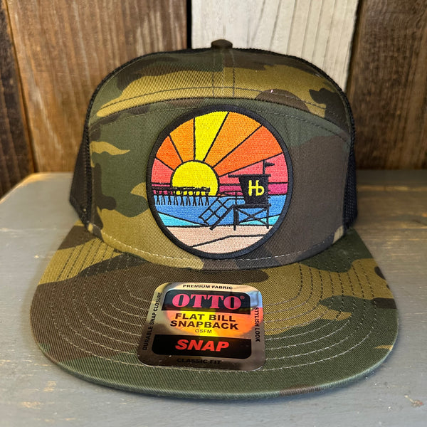 Hermosa Beach OBLIGATORY SUNSET 7 Panel Mid Profile Trucker Snapback Hat - Camo/Black