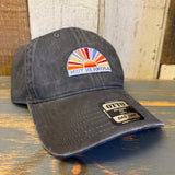 Charcoal grey dad hat with front embroidery and a sunrise patch, suitable for casual wear.