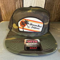 Hermosa Beach RETRO SUNSET 7 Panel Mid Profile Trucker Snapback Hat - Camo/Black