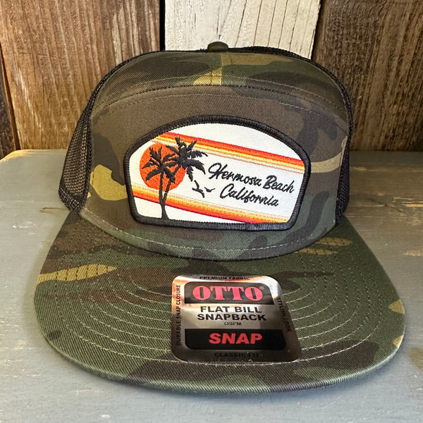 Hermosa Beach RETRO SUNSET 7 Panel Mid Profile Trucker Snapback Hat - Camo/Black