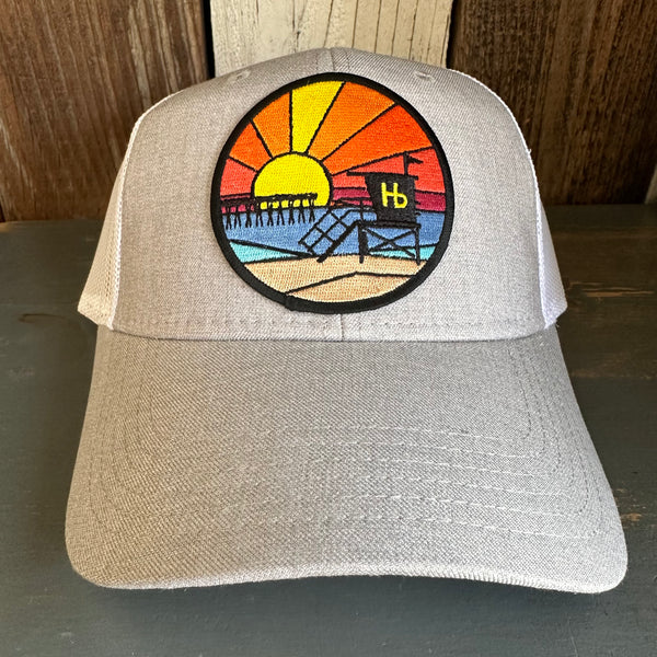 Hermosa Beach OBLIGATORY SUNSET 6 Panel Low Profile Mesh Back Trucker Hat - Heather Grey/White
