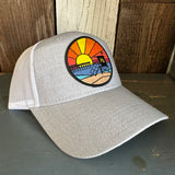 Hermosa Beach OBLIGATORY SUNSET 6 Panel Low Profile Mesh Back Trucker Hat - Heather Grey/White