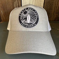 SOUTH BAY SURF (Navy Colored Patch) 6 Panel Low Profile Mesh Back Trucker Hat - Heather Grey/White