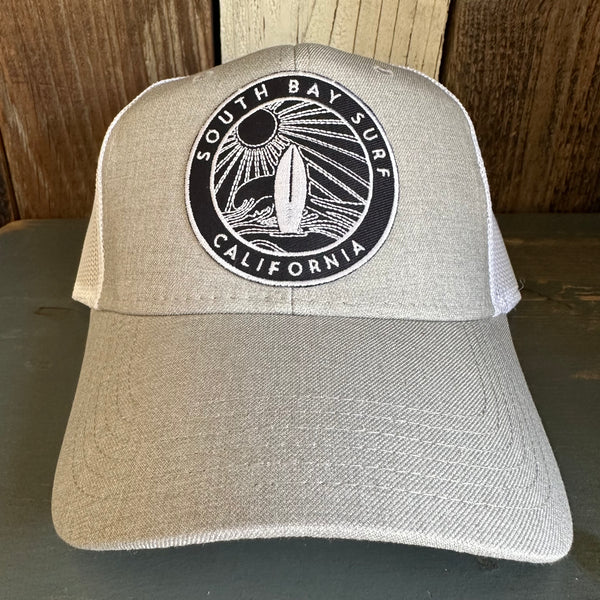 SOUTH BAY SURF (Navy Colored Patch) 6 Panel Low Profile Mesh Back Trucker Hat - Heather Grey/White