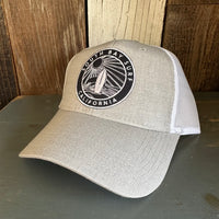 SOUTH BAY SURF (Navy Colored Patch) 6 Panel Low Profile Mesh Back Trucker Hat - Heather Grey/White