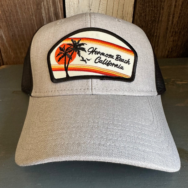 Hermosa Beach RETRO SUNSET 6 Panel Low Profile Mesh Back Trucker Hat -Black/ Heather Gray