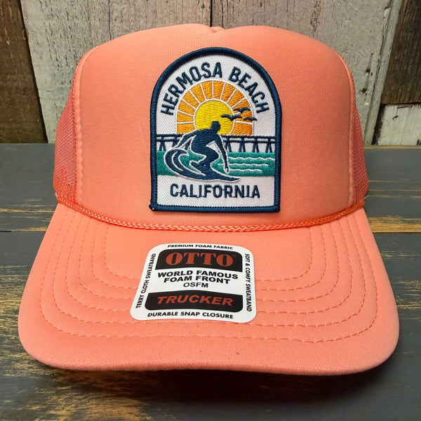 Hermosa Beach 1 to 3 FEET HIGH & RISING High Crown Trucker Hat - Coral