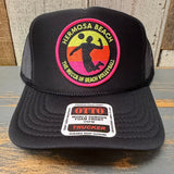 Hermosa Beach THE MECCA OF BEACH VOLLEYBALL High Crown Trucker Hat - Black