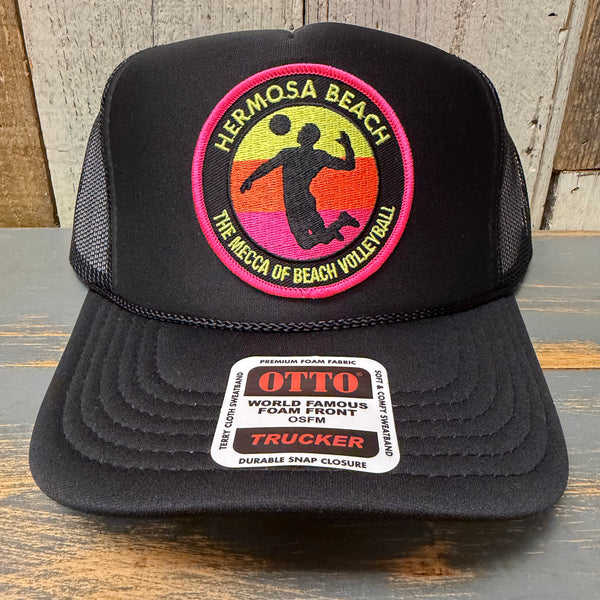 Hermosa Beach THE MECCA OF BEACH VOLLEYBALL High Crown Trucker Hat - Black