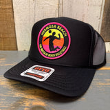 Hermosa Beach THE MECCA OF BEACH VOLLEYBALL High Crown Trucker Hat - Black