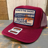 Hermosa Beach TAKE ME TO THE SHORE 90254 High Crown Trucker Hat - Burgundy Maroon