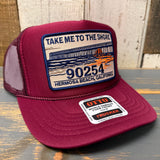Hermosa Beach TAKE ME TO THE SHORE 90254 High Crown Trucker Hat - Burgundy Maroon