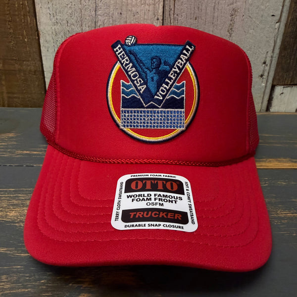 Hermosa Beach LET'S GET SERVED :: BEACH VOLLEYBALL High Crown Trucker Hat - Red