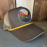 5-panel cap featuring a cotton twill front, mesh back, and gold rope, suitable for outdoor wear.