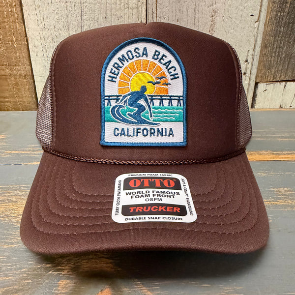Hermosa Beach 1 to 3 FEET HIGH & RISING High Crown Trucker Hat - Brown