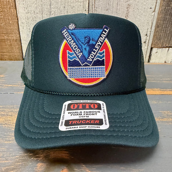 Hermosa Beach LET'S GET SERVED :: BEACH VOLLEYBALL High Crown Trucker Hat - Dark Green