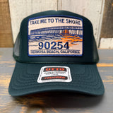 Hermosa Beach TAKE ME TO THE SHORE 90254 High Crown Trucker Hat - Dark Green