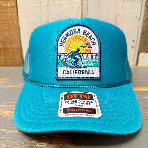 Hermosa Beach 1 to 3 FEET HIGH & RISING High Crown Trucker Hat - Jade Green