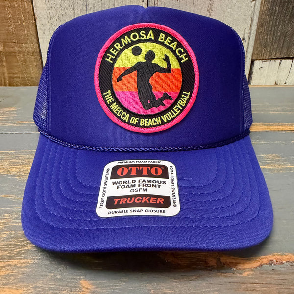Hermosa Beach THE MECCA OF BEACH VOLLEYBALL High Crown Trucker Hat - Purple